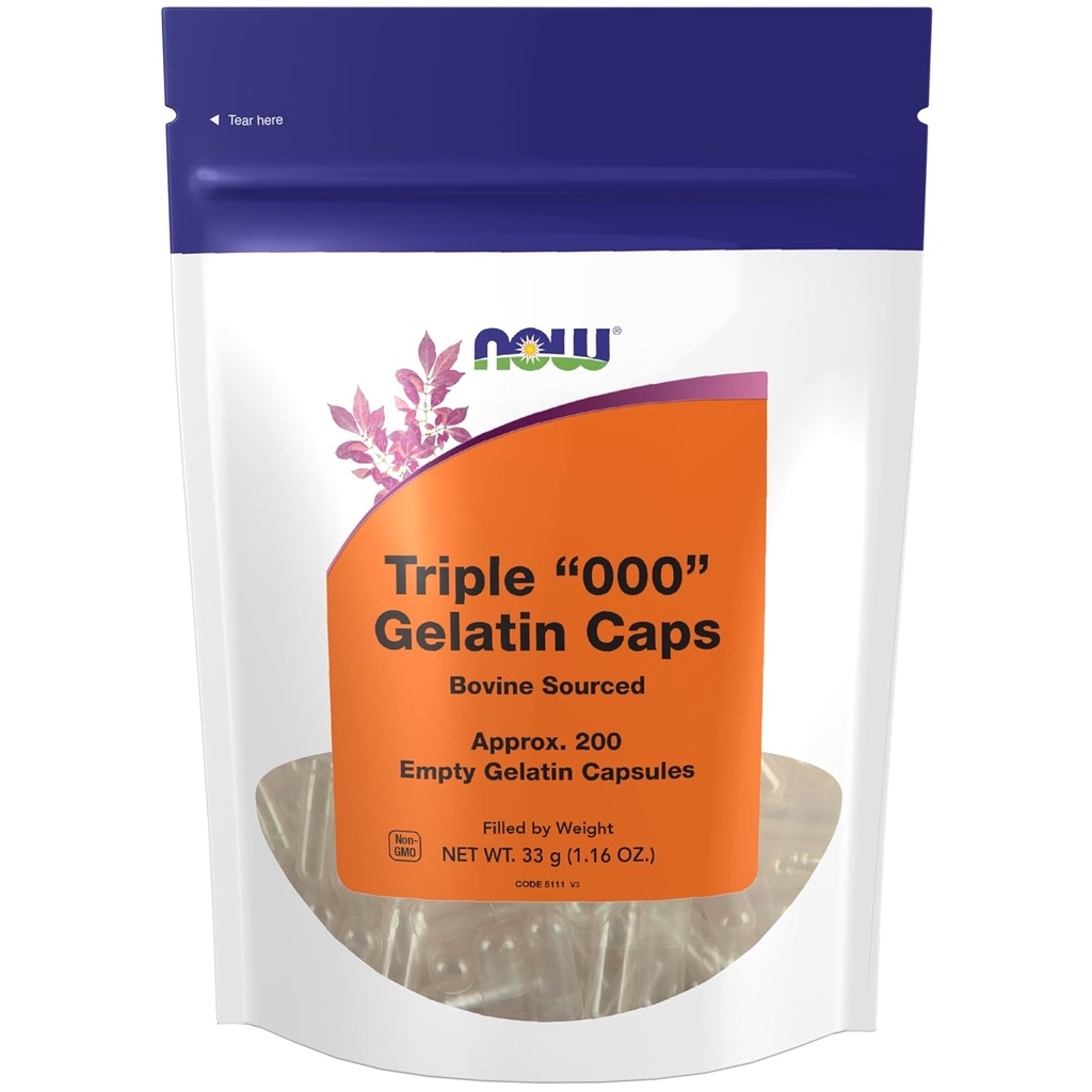 Now Supplements, Tomme Gelatine Kapsler, Triple "000", Bovine Sourced, Fyldt med vægt, 200 Gel Kapsler