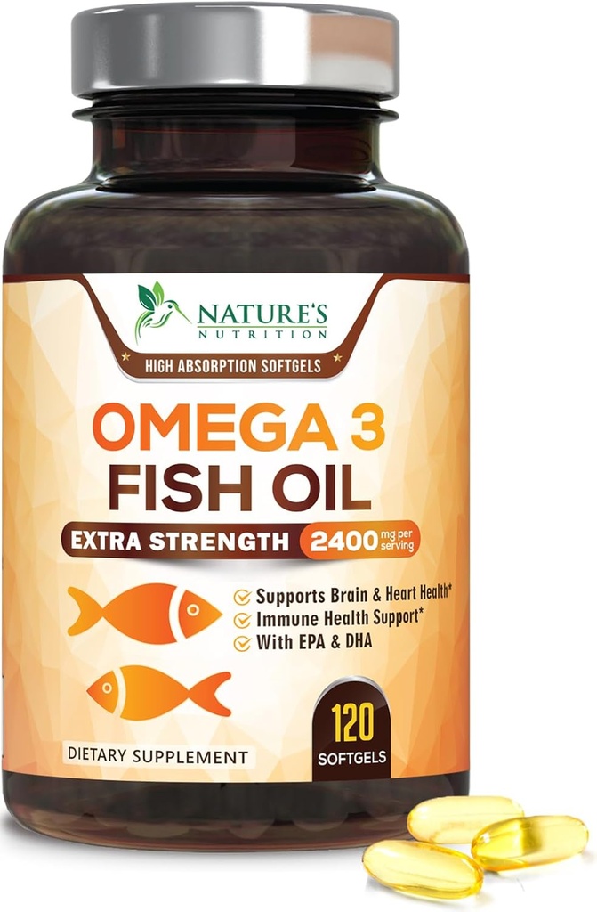 Omega 3 Fish Oil 2400 mg - Triple Strength EPA & DHA Fedtsyrer til hjerte, hjerne og fælles støtte - Wild-fanget, Burplesh, Lemon Flavor Supplement - Natural, non-GMO, Gluten- Free - 120 Softgels