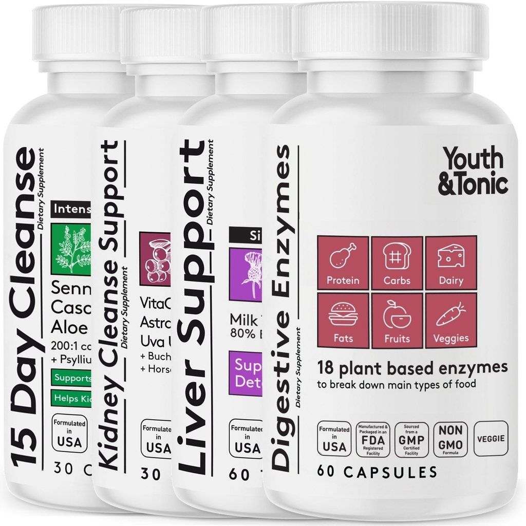 Youth & Tonic Lever Support, Nyre & Colon Cleanse og fordøjelsesfremmende enzymer piller til fordøjelsessystemer sundhed
