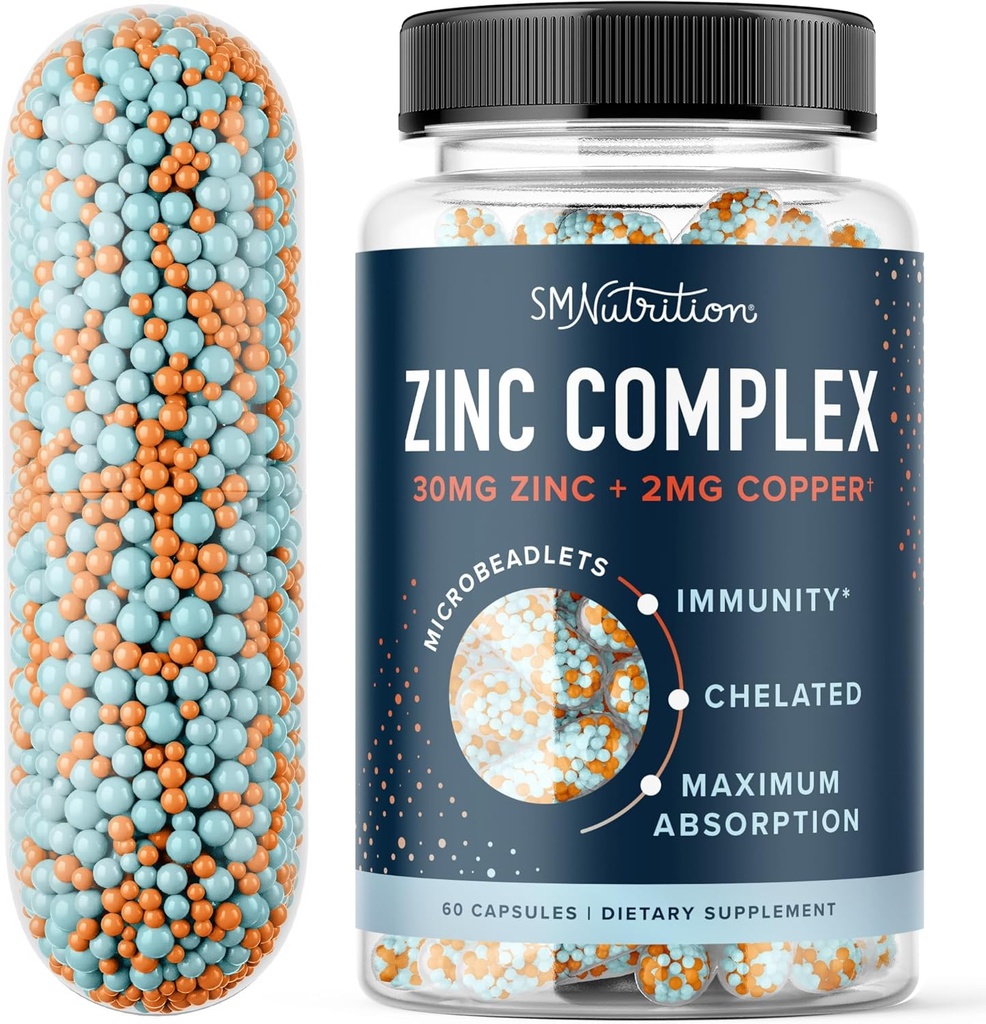 Zink supplement microlets til immunforsvar & Acne Support; Meget Absorbable Zink Bisglycinate & Oroter med 2 mg chelateret kobber + vitamin B6 Budd124; Vegan, Gluten- Free Budding 124; 60 kapsler (2 måneder Tilførsel)