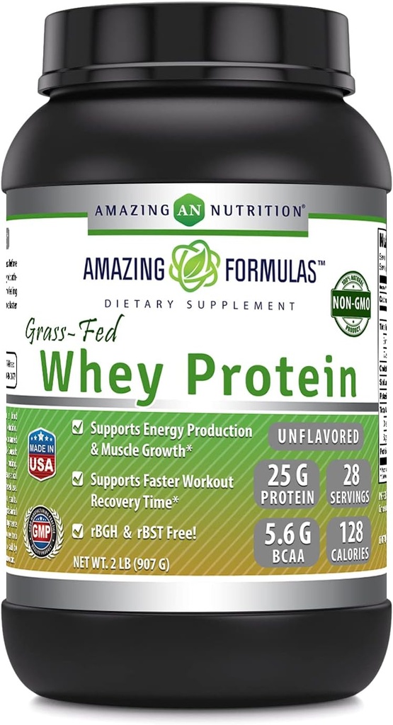 Amazing Formulas Grass- Fed Whey Protein Powder 124; 25 Grams Protein Supplement 124; Natural Sweetening and Flavor 124; Indeholder BCAA & EAA; Non- Gmo Budding 124; Lavet i USA (2 Lb, Unflavored)