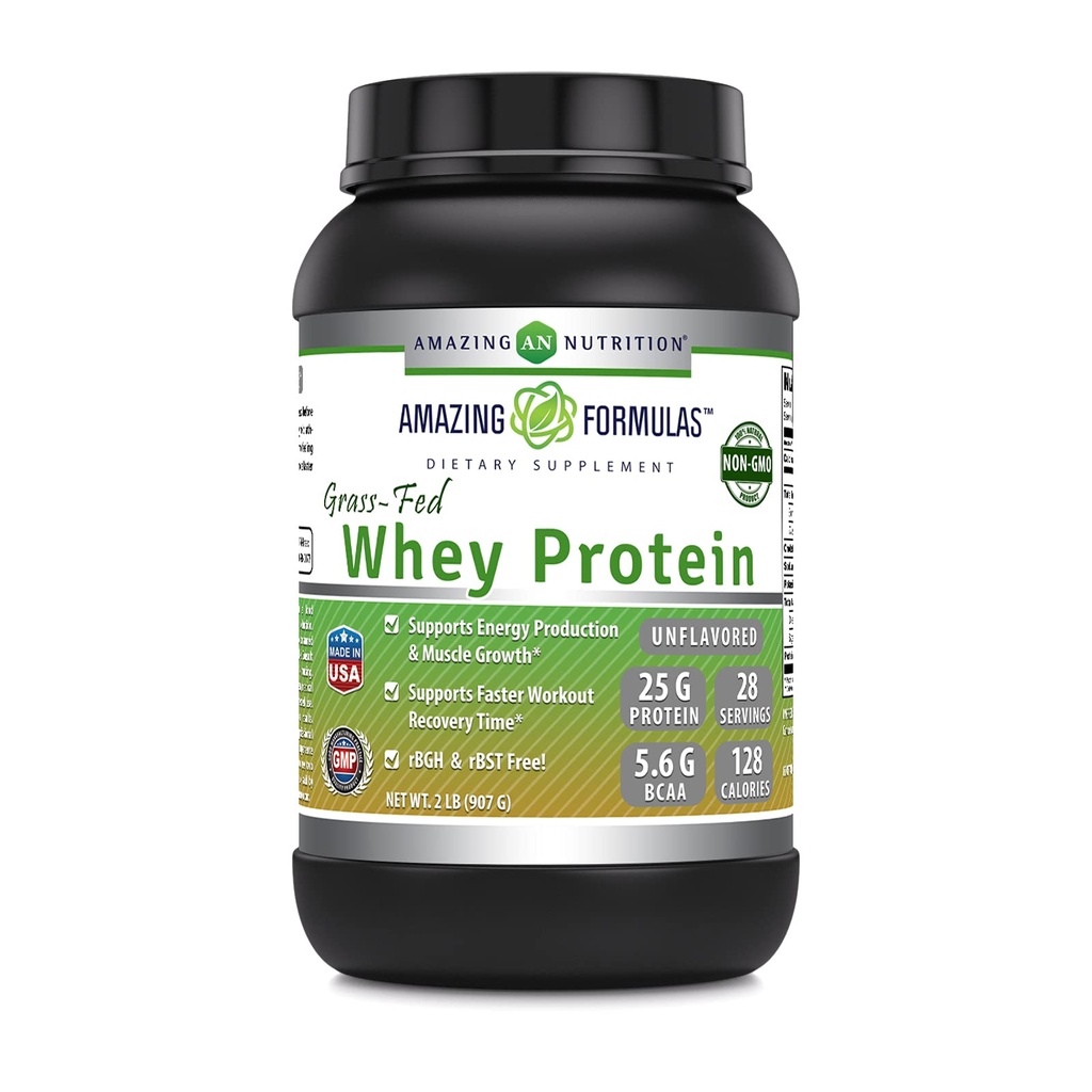 Amazing Formulas Grass- Fed Whey Protein Powder 124; 25 Grams Protein Supplement 124; Natural Sweetening and Flavor 124; Indeholder BCAA & EAA; Non- Gmo Budding 124; Lavet i USA (2 Lb, Unflavored)