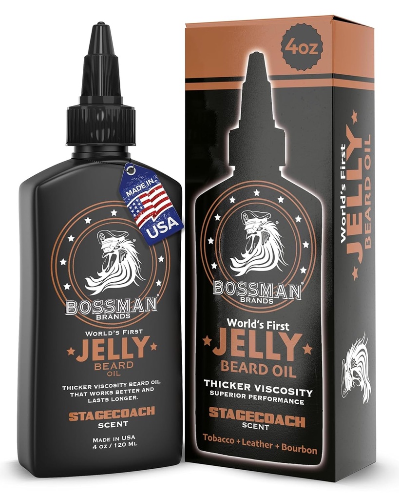 Bossman Jelly Beard Olie til mænd (4 oz, Stagecoach Duft) - Softens, Fugt & Betingelser med naturlige ingredienser