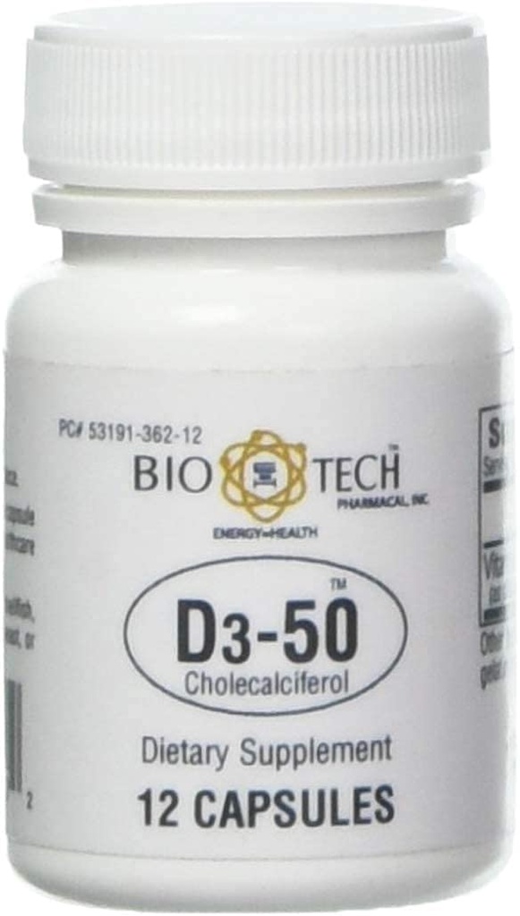 Bio-Tech Pharmacal D3-50 50,000 IU, 12 Capsules – All-Natural Supplement – Supports Bone & Immune Health – No Dairy, Fish, Gluten, Peanut, Shellfish, & Soy