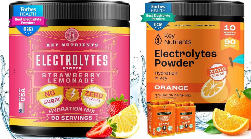 KEY NETRIENSER Elektrolyter & Multivitamin Hydration Powder Bundle - Juicy Strawberry Lemonade & Tangy Orange Electrolyte Powders (90 Servere Hver) - Sukkerfri, Keto- Friendly, Ingen kalorier