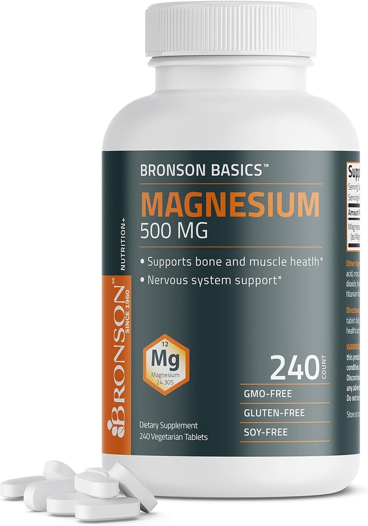 Bronson Magnesium 500 MG understøtter ben- & muskel- sundhed & nervesystem - non- GMO, 240 vegetariske tabletter