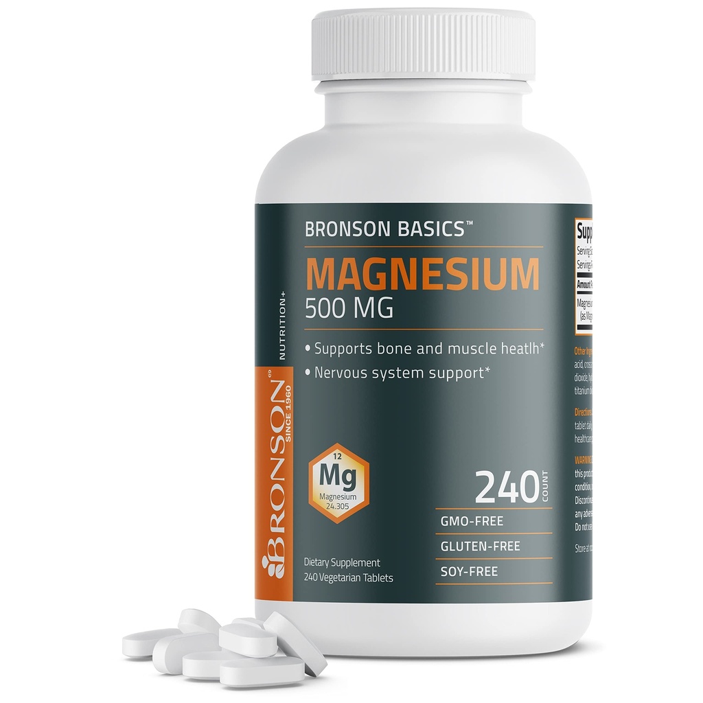 Bronson Magnesium 500 MG understøtter ben- & muskel- sundhed & nervesystem - non- GMO, 240 vegetariske tabletter