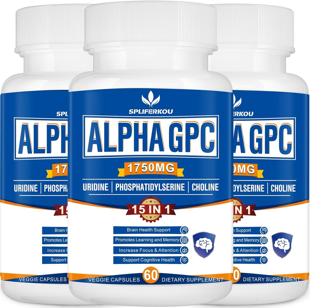 15-in-1 Alpha GPC Supplement with Phosphatidylserine, Uridine, L-Theanine, Lion's Mane Mushroom, 180 Capsules