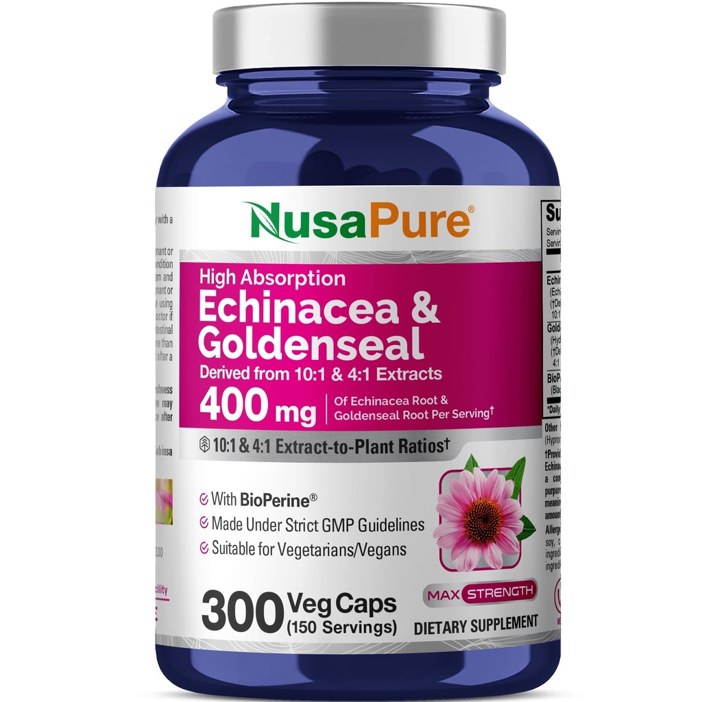 NusaPure Echinacea Goldenseal 200mg, (ekstrakt 10: 1, svarende til 2.000mg), 200mg, (ekstrakt 4: 1, svarende til 800mg) - 2800mg 300 Veggie Caps (vegetarisk, non- GMO, Vegan)