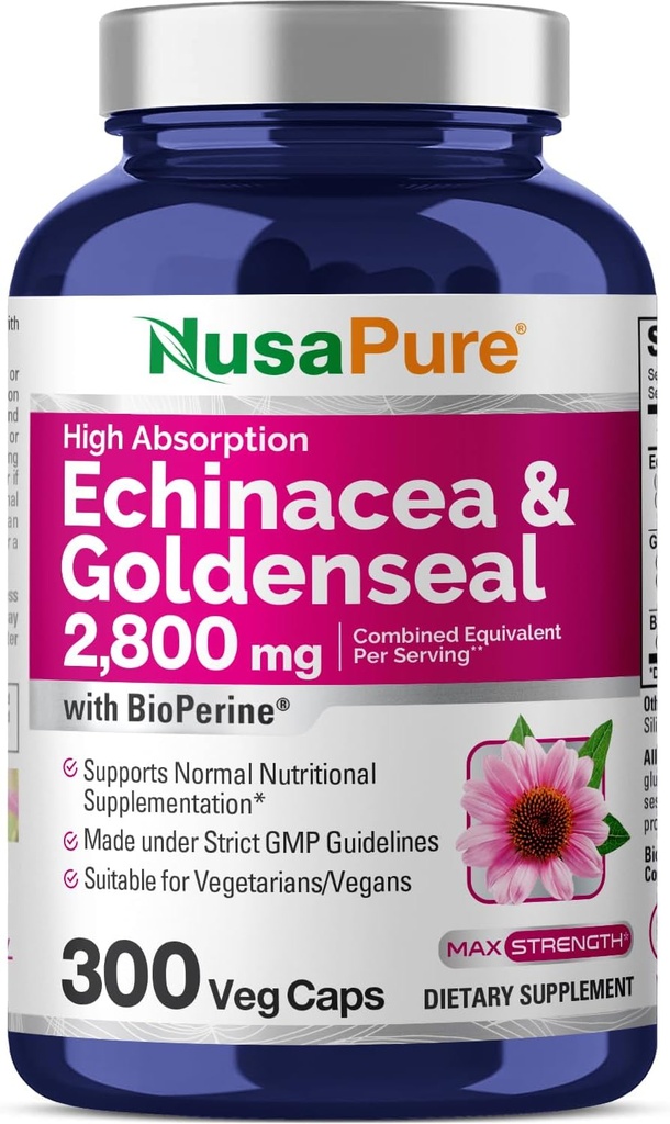 NusaPure Echinacea Goldenseal 200mg, (ekstrakt 10: 1, svarende til 2.000mg), 200mg, (ekstrakt 4: 1, svarende til 800mg) - 2800mg 300 Veggie Caps (vegetarisk, non- GMO, Vegan)