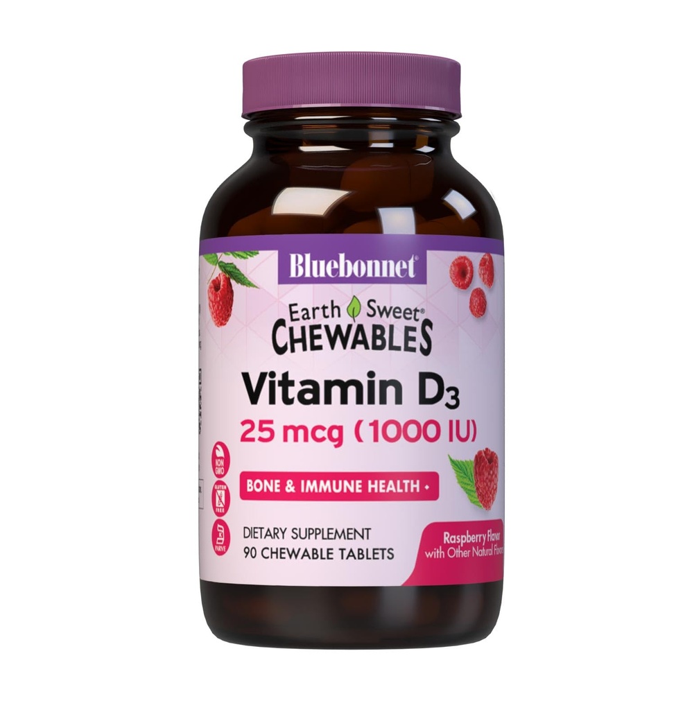 Bluebonnet Nutrition EarthSweet Vitamin D3 1000IE - Bone & immunsupport - Hindbær Chewable D-vitamin supplement til kvinder & mænd - Soy- Free, Gluten- Free, Non- GMO - 90 tabletter