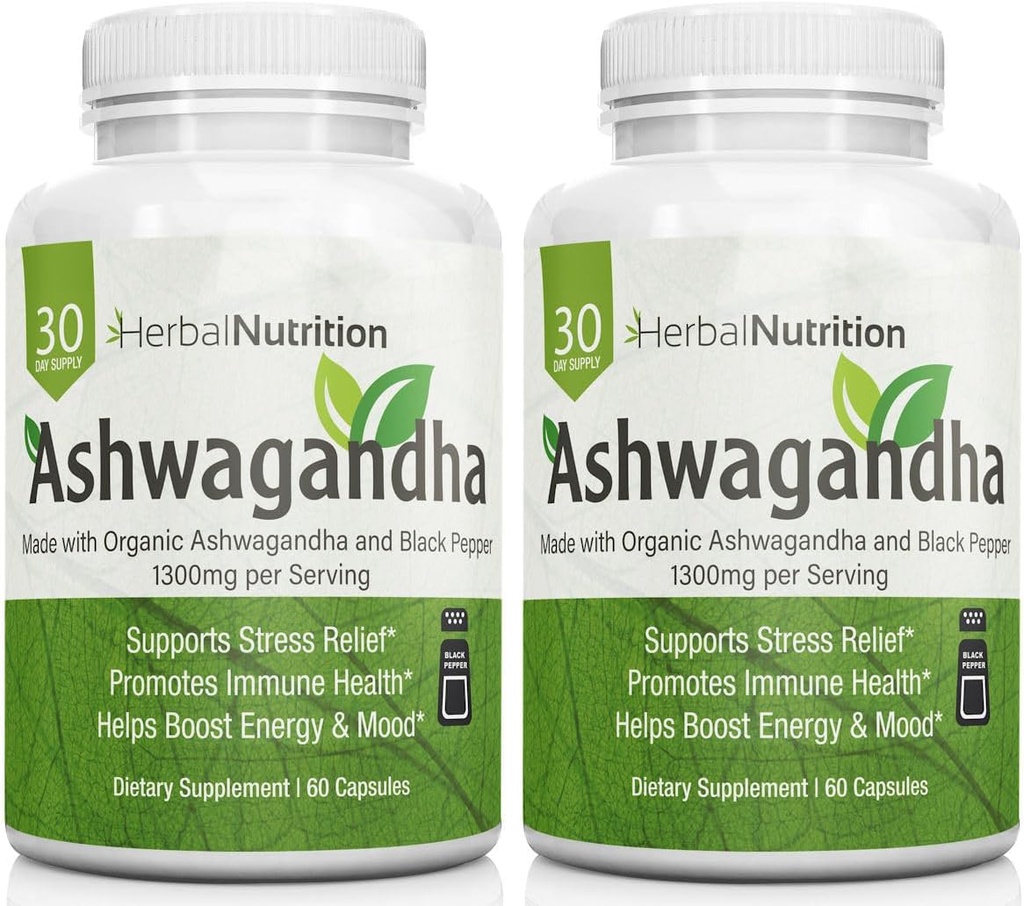 Urte Nutrition Organic Ashwagandha 1300mg Max Strength, Two Bottle Pack, 120 Kapsler Plus Black Pepper for Biotilgængelighed