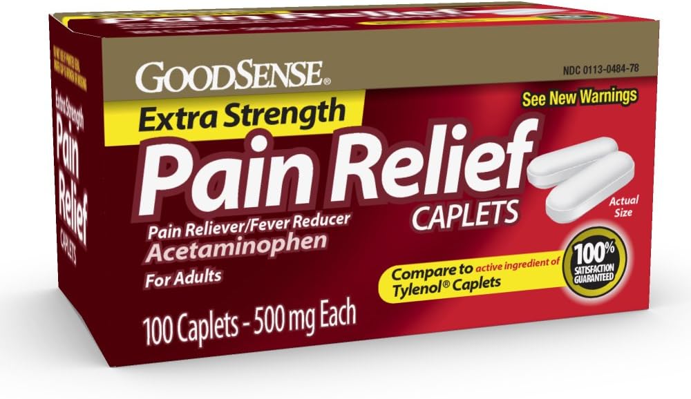 GoodSense Extra Strength Pain Relief - Acetaminophen Caplets 500 mg - Hovedpine, Muskelache, Gigt Relief, 100 Greve
