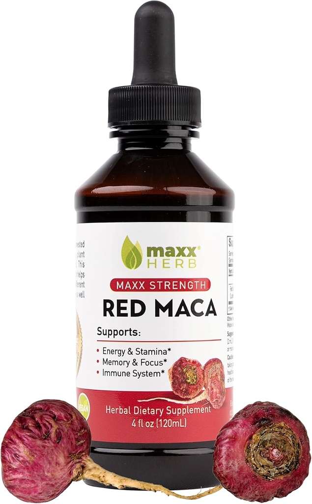 Maxx Herb Red Maca Root Extract - Max Strength Liquid Drops Absorb bedre end pulver eller kapsler, til Stamina, hukommelse og fokus - 4 Oz Flaske (60 Servere)