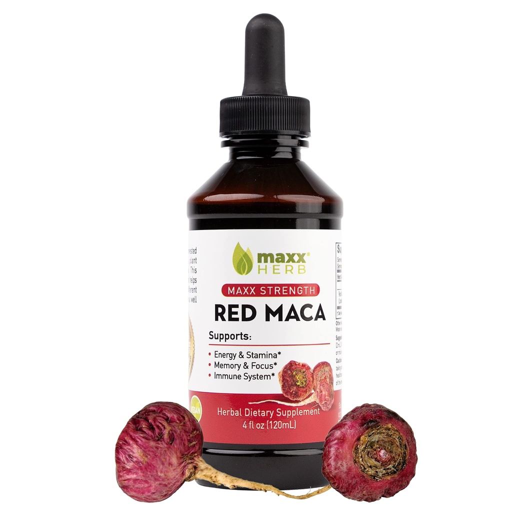 Maxx Herb Red Maca Root Extract - Max Strength Liquid Drops Absorb bedre end pulver eller kapsler, til Stamina, hukommelse og fokus - 4 Oz Flaske (60 Servere)