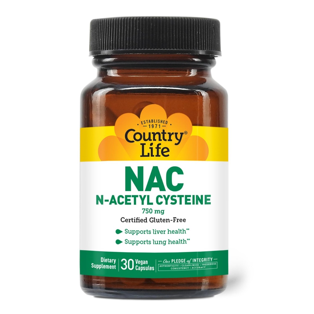 Country Life N- Acetyl Cysteine (NAC) 750 mg - Premium Lever Support and Lung Health Supplement - Kraftfuld Antioxidant Protection, Lever Detox & Cleanse, Immunsupport, 30 Vegetariske Kapsler