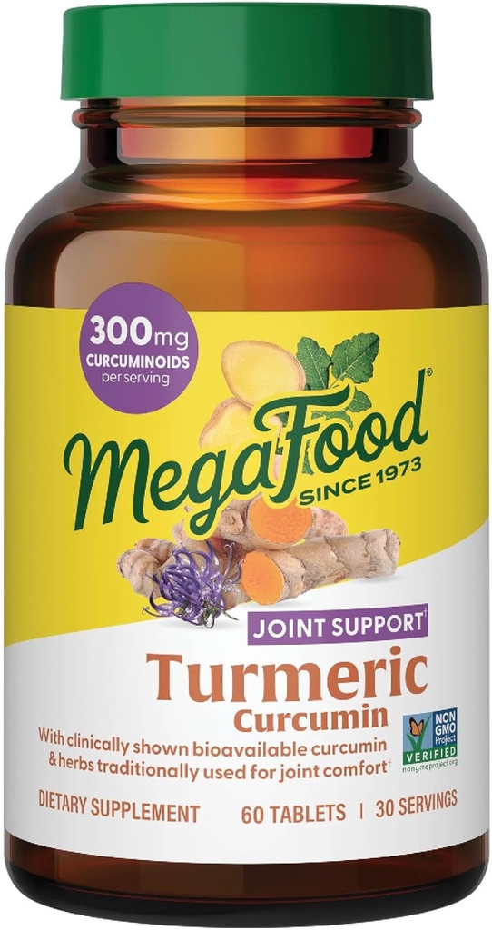MegaFood gurkemeje Ekstra Styrke - Fælles Support - Gurkemeje med sort peber & Boswellia Extract - Vegan - Made without 9 Food Allergens - 60 Tabs (30 Servere)