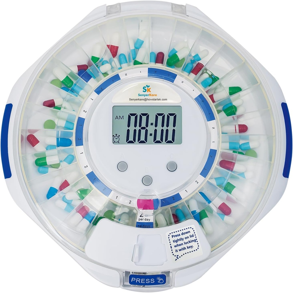SenyerKare 28- Day Automatic Pill Dispenser med Alarm & Alzheimers Care, Medicin Organizer w / Easy- Læs LCD-skærm, lyd & lys & Key Alerts for Medication, Vitaminer, Kosttilskud, Clear Lid