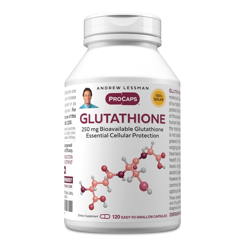 ANDREW LESSMAN Glutathion 250 mg - 120 kapsler - Kraftig antioxidant, Reducerer oxiderende stress. Biotilgængelig, Beskytter celler, Væv, Organer. Understøtter immunsundhed. Let at synke kapsler.