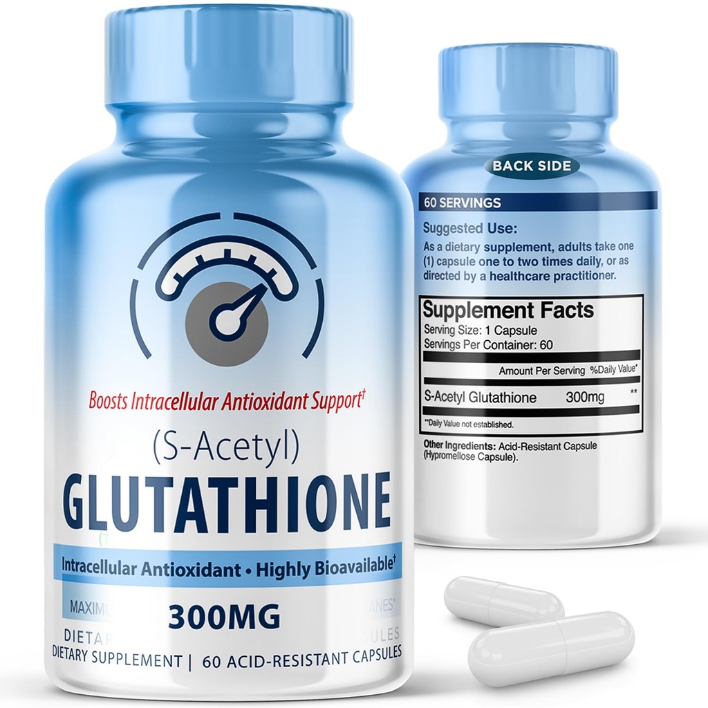 S- Acetyl L- Glutathion 300mg - 60 Acid - resistent Kapsler, høj biotilgængelighed S Acetyl Glutathion Kosttilskud til lever og hudsundhed, supplement Antioxidant Support Kapsler
