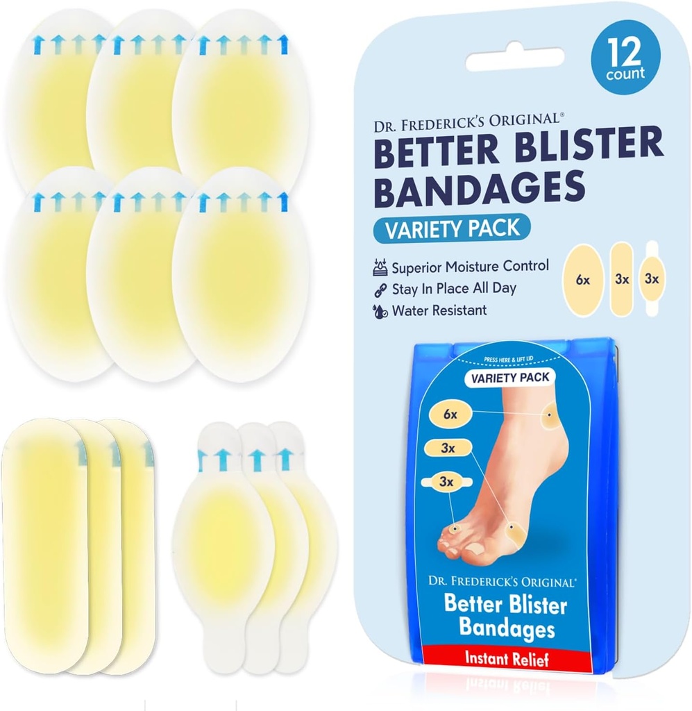 Dr. Fredericks Original Bedre Blister Blister Blade - 12ct - Vand resistent - 40% mere Cushioning - Hydrokolloid Bånd til Foot, Toe, & Heel - Blister Pads til forebyggelse og inddrivelse - Variety Pack