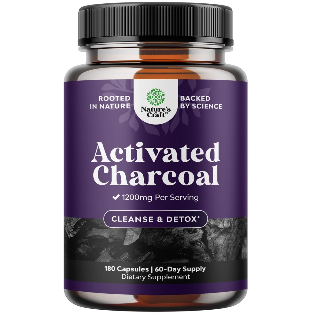 Natures Craft Aktiveret kul piller Detox & Rense - Rensende kokoskapper med 1200 mg per servering til Bloating Relief - Aktiv Detox supplement til Krop & Gut Sundhed -180 Tæl