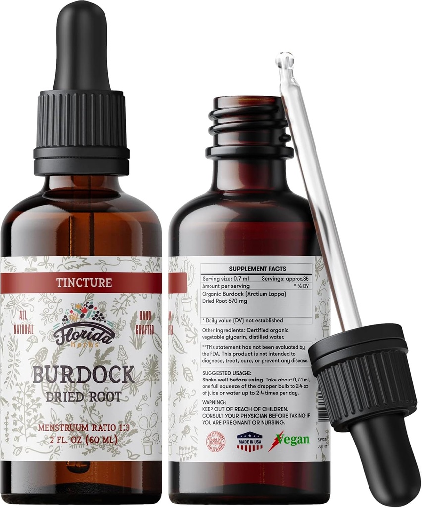 Burdock Tincture, Organic Burdock Extract Tørret rod (Arctium Lappa) Burdock Drops, Non- GMO i Cold- Pressed Organic Vegetabilsk Glycerin 2 oz, 670 mg