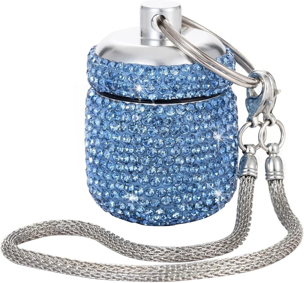 Bling Rhinestone Pill Flaske Organizer Daily Travel Pill Case Container Ring Holder Lille Medicin Holder Box for Vitamin Supplement Gum med Keychain (Light Blue)