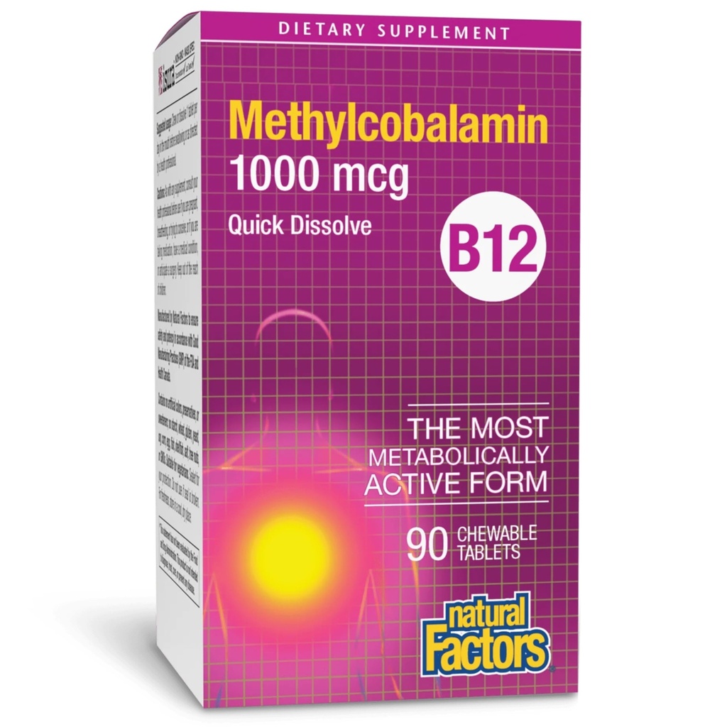 Naturlige faktorer, Vitamin B12 Methylcobalamin 1000 mcg, Chewable Support for Energy and immun Health, Vegetar, Gluten Free, 90 tabletter (90 portioner)