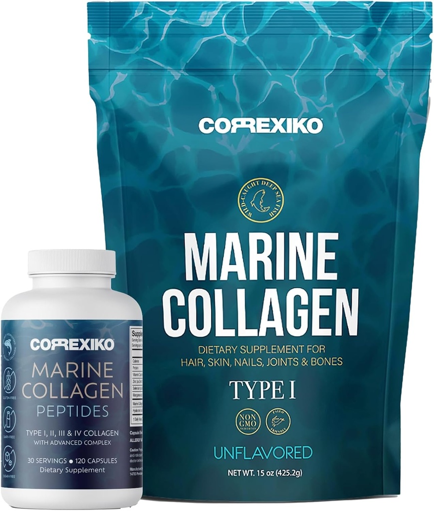 CORREXIKO Marine collagen supplement piller & pulver bundle 1 måned Tilgang - omfatter 10,000mg dobbelt hydrolyseret collagen pulver 15oz & 1800mg Collagen peptider 120 kapsler - for hår, hud & negle