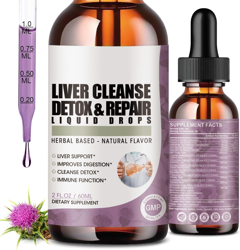 2 Pack lever rense Detox & reparation flydende dråber med mælk tidsel, Artichoke ekstrakt, lever supplement til lever rense & Detox, antioxidant, fordøjelsesstøtte, Vegan - 4 Fl Oz