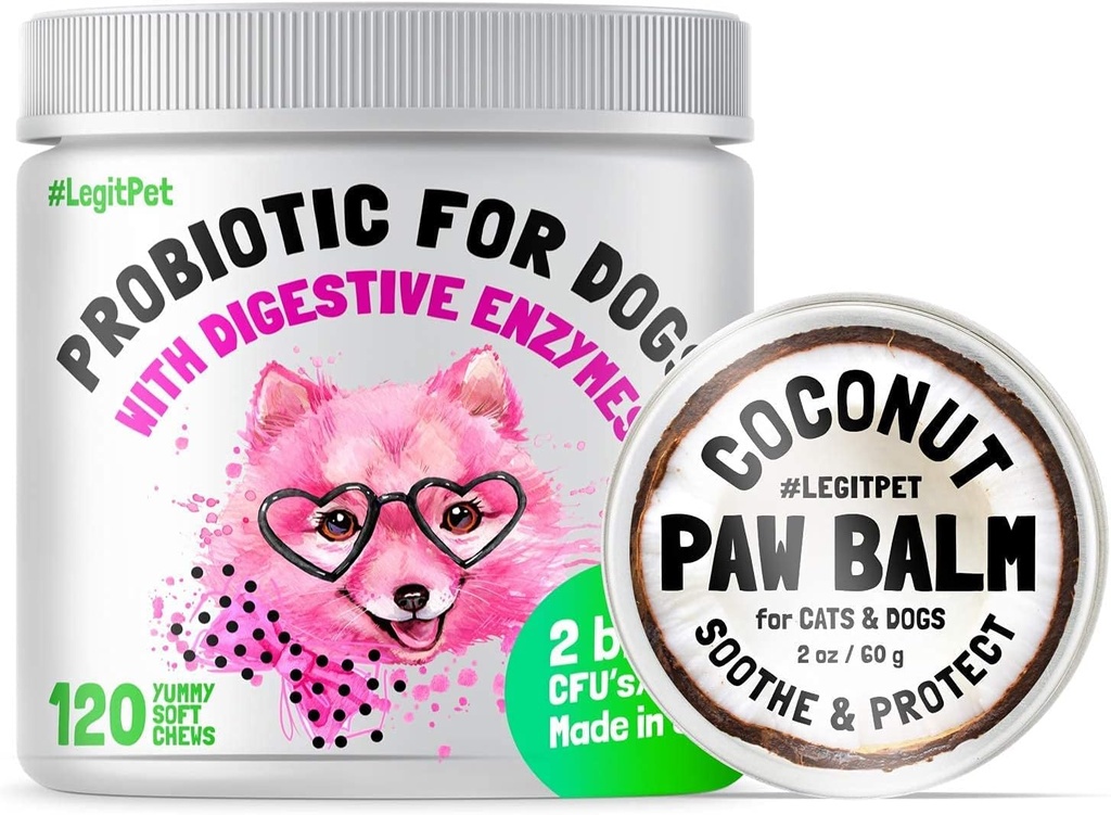 LEGITPET Probiotika til hunde med naturlige fordøjelsesenzymer + Prebiotika til Allergy & Itch Relief 120 bløde tygger og Paw Balm Wax Soother & Fugt Cream med naturlige kokosolie 2oz Bundle