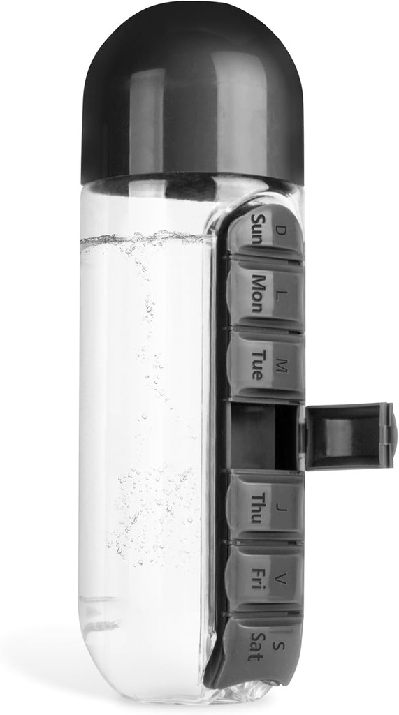 Medicine Box Water Cup, 2 i 1 vandflaske Medicine Box Storage Box Box, 20 oz Daglig Sports Vandflaske med Pill Box Organizer 7 dage Capsule Organizer, Sort