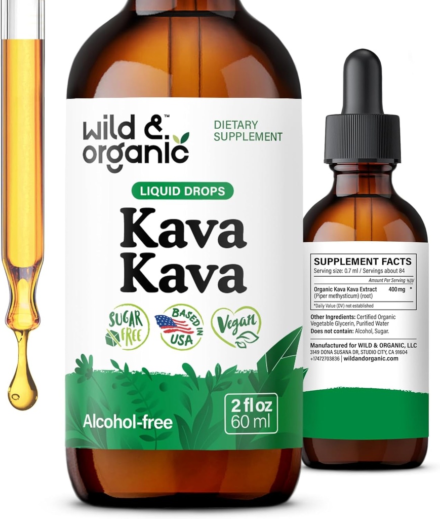 Wild & Organic Kava Kava Tincture 400 mg - Mood Support - Calming Root Extract Liquid Drops - 2 - Måned Supply - Vegan, Sugar & Alcohol- Free Drops - 2 fl oz