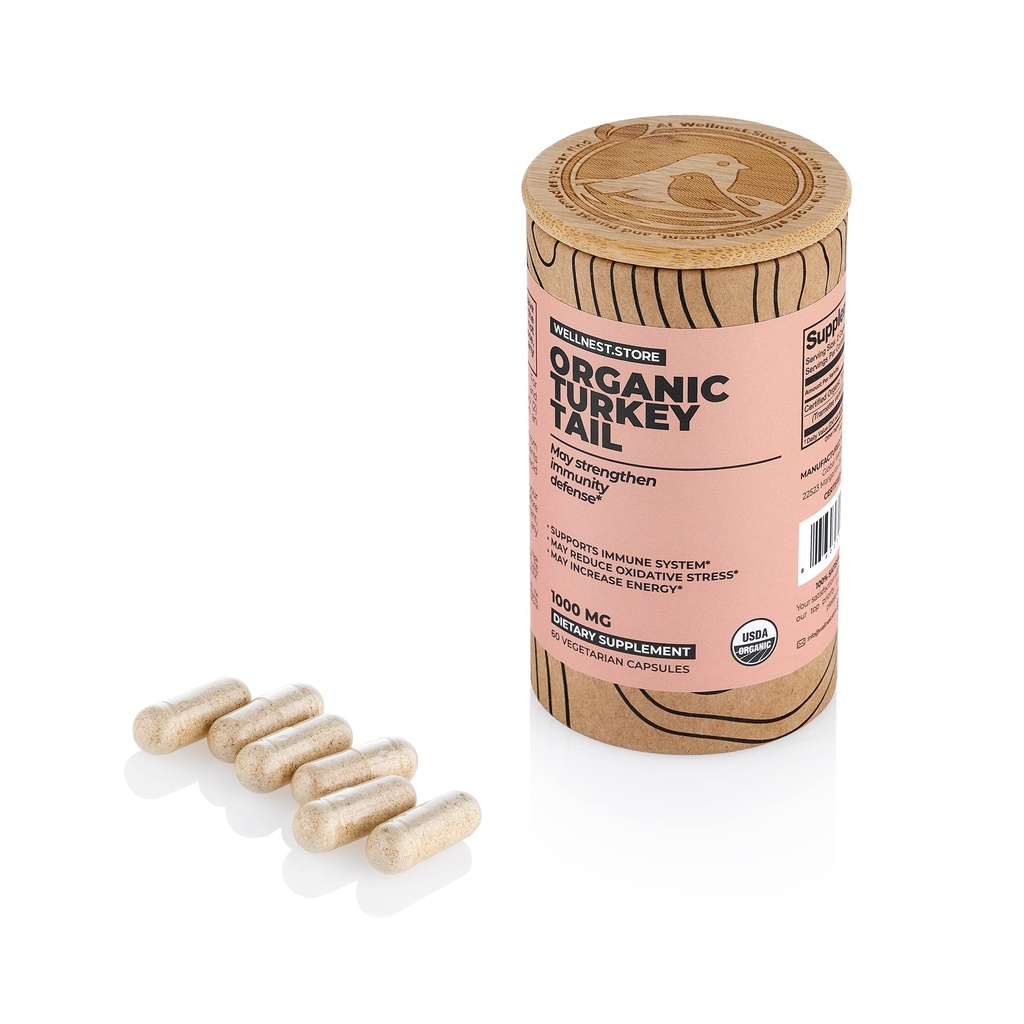 Tyrkiet Tail Organic Mushroom (Trametes Extract) 60 Veggie Caps - Immun Support; fremmer vækst af gunstige bakterier i Gut + øger energi