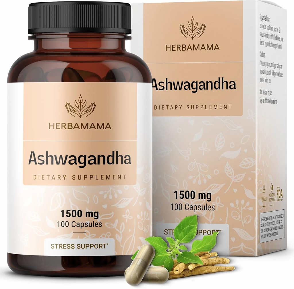 HERBAMAMA Ashwagandha Kapsler - 1500mg Pure Ashwagandha Root Focus Supplement - Vegan, Non- GMO Mood & Calm Support for voksne, 100 Caps