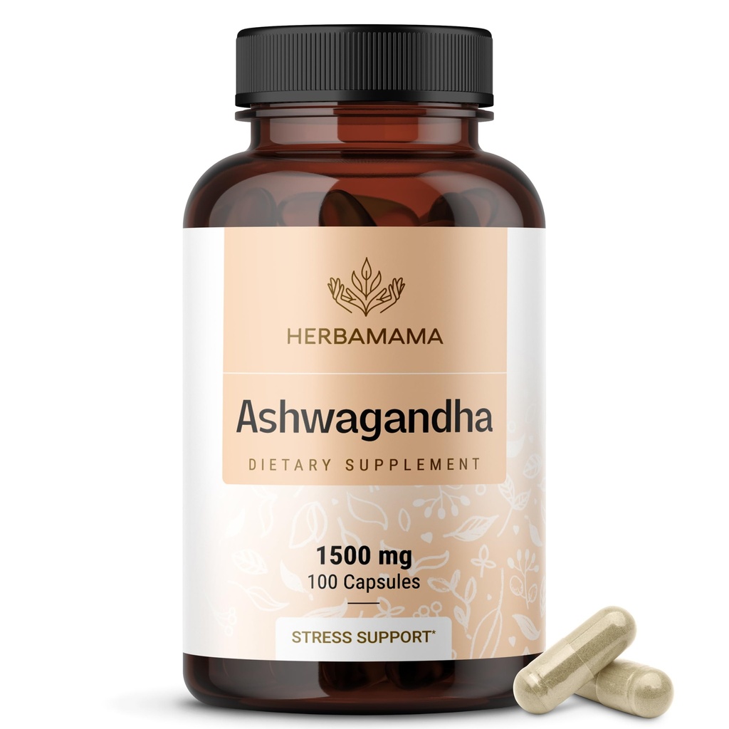 HERBAMAMA Ashwagandha Supplements for Stress Relief – 1500 mg Pure Ashwagandha Root for Calm & Relaxation – Vegan, Non-GMO Calming Supplements for Adults, 100 Capsules