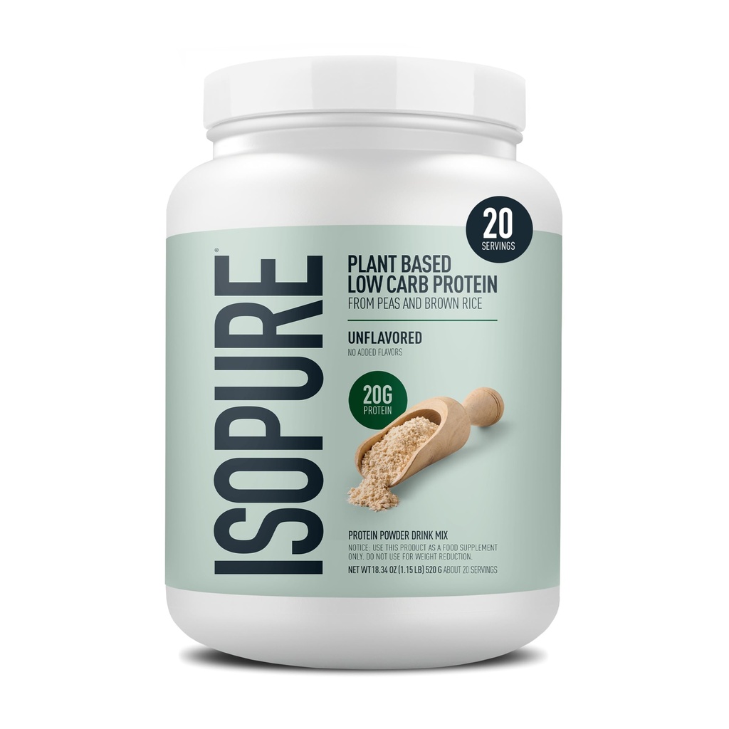 Isopure Plant- baseret protein pulver, lactose fri, Gluten fri, Med jern, Unflavored, 20g Plant protein Per Servering, 1,15 Lbs, 20 Servere