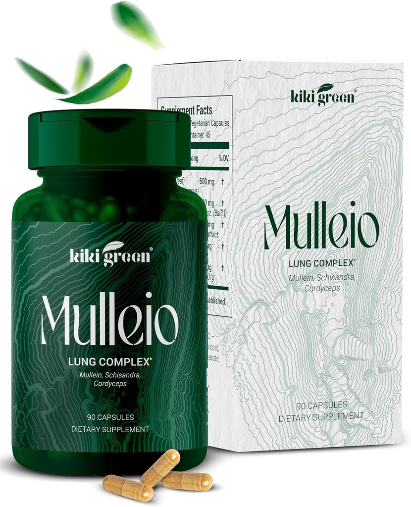 KIKI Green Mulleio Lung Health Kapsler: Vegansk urtetilskud til rengøring, bedre funktion, Respiratorisk Support - Mullein, Cordyceps, Schisandra - 90 Tæl for daglig brug