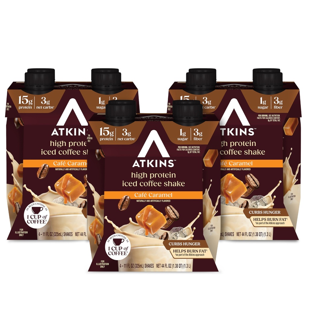 Atkins Café Caramel Iced Coffee Flavored Protein Shake, High Protein Shake, Low Glycemic, Low Carb og Low Sugar, Keto Friendly, Gluten Free, 12 Greve