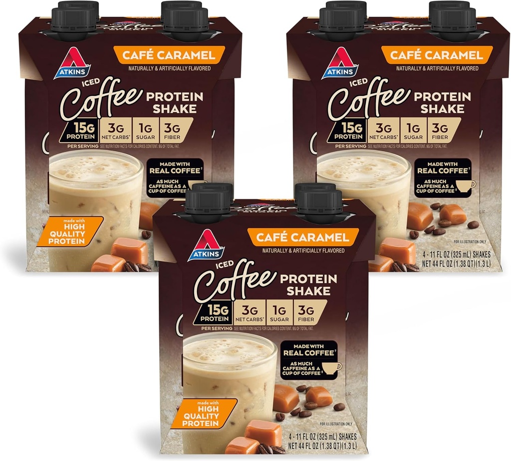 Atkins Café Caramel Iced Coffee Flavored Protein Shake, High Protein Shake, Low Glycemic, Low Carb og Low Sugar, Keto Friendly, Gluten Free, 12 Greve