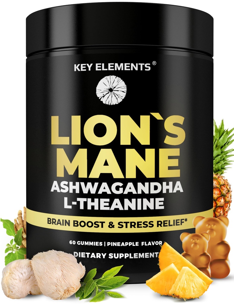High Strength Extract Organic Lions Mane Mushroom Gummies med Ashwagandha & L- Theanine - Potent Lions Mane Brain Kosttilskud til hukommelse & afslapning - Mushroom Gummies for Focus