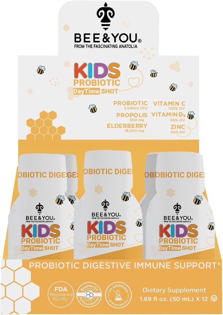 Bee og du Kids Propolis Immun Day Time Shot - Probiotisk, C-vitamin, D3-vitamin, zink, immunstøtte, Gut Health, fordøjelsessygdomme, 1.69 Fl. oz, 12 Pack