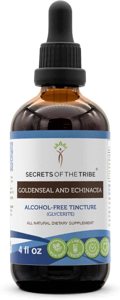Secrets of the Tribe Goldenseal and Echinacea Alcohol- Free Liquid Extract, Herbs (Echinacea Root (Echinacea Purpurea), Goldenseal Root (Hydrastis Canadensis)) Tincture Supplement (4 FL OZ)