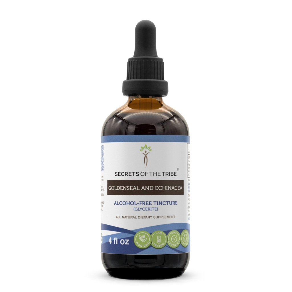 Secrets of the Tribe Goldenseal and Echinacea Alcohol- Free Liquid Extract, Herbs (Echinacea Root (Echinacea Purpurea), Goldenseal Root (Hydrastis Canadensis)) Tincture Supplement (4 FL OZ)