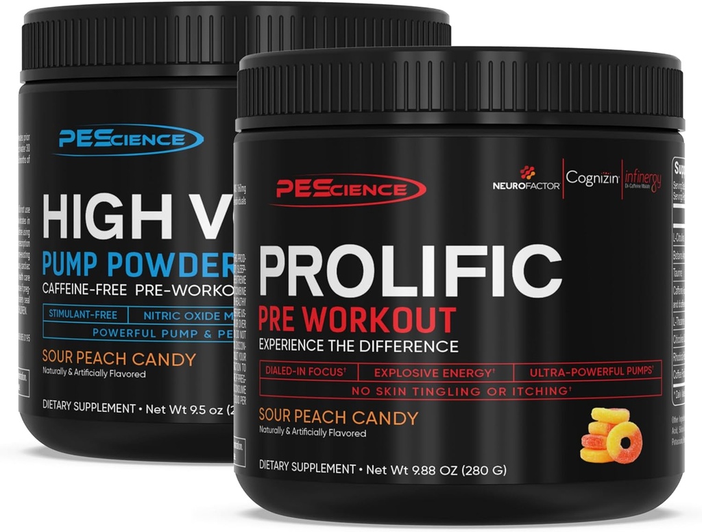 PEScience Pre Workout Stack - Prolific & High Volume, Sour Peach Candy, Nitrooxid Booster - 40 & 36 Scoops, L Arginin Nitrat, L Citrullin, Pre Workout Pulver til mænd og kvinder