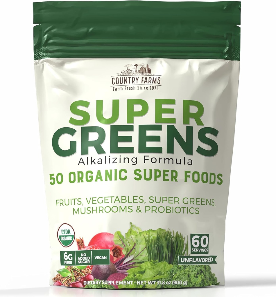 Country Farms Super Green Natural Flavor, 50 Organic Super Foods, USDA Organic Drink Mix, Frugter, Grøntsager, Super Green, med Fiber, Svampe & Probiotika, Understøtter Energi, 60 Servering, 900g