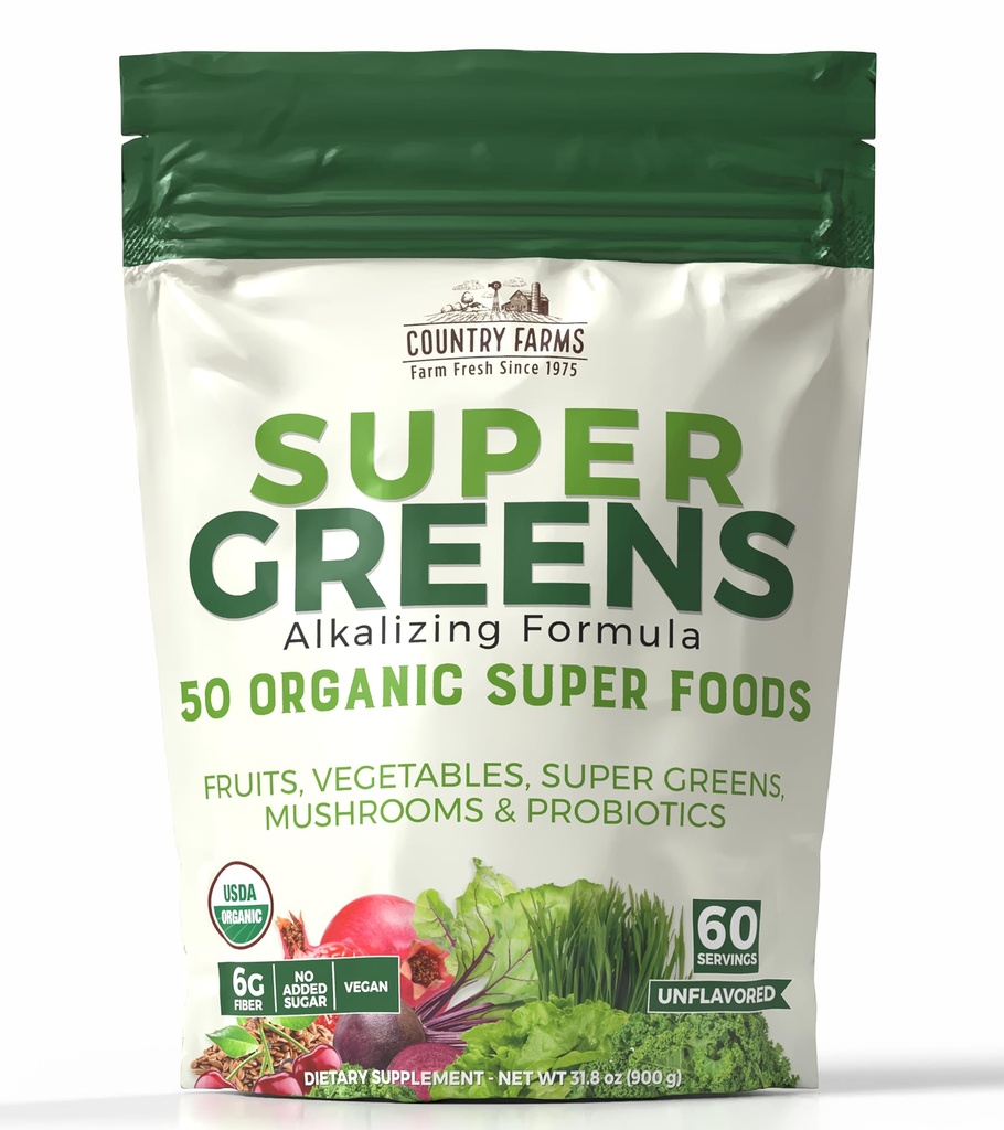 Country Farms Super Green Natural Flavor, 50 Organic Super Foods, USDA Organic Drink Mix, Frugter, Grøntsager, Super Green, med Fiber, Svampe & Probiotika, Understøtter Energi, 60 Servering, 900g