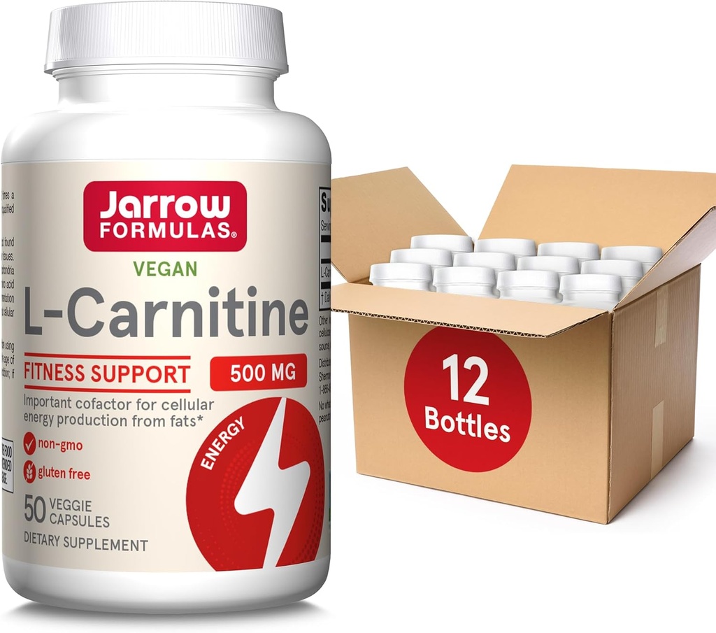 Jarrow Formulas L- Carnitin 500 mg, Kosttilskud, Support for Cellular Energy Production, 50 Veggie Capsules, 50 Day Supply Daily (Pack of 12)