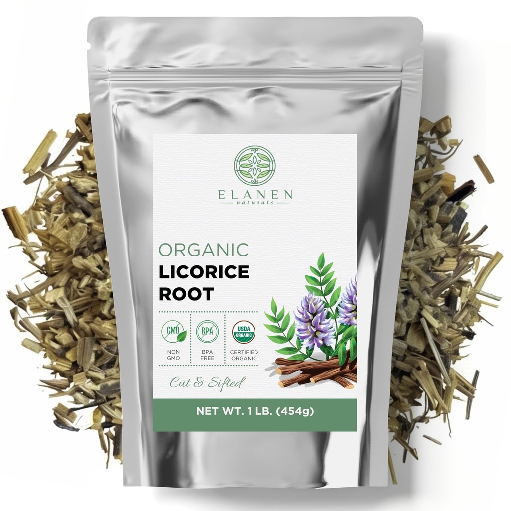 Elanen Naturals Organic Lakrids Root 1 LB. (16 oz.), USDA Certified Organic Lakrids Root Tea, Licourice Bulk Chopped, Liquorice, Raiz de Regaliz Licrice, Glycyrrhiza glabra, Cut & Sifted